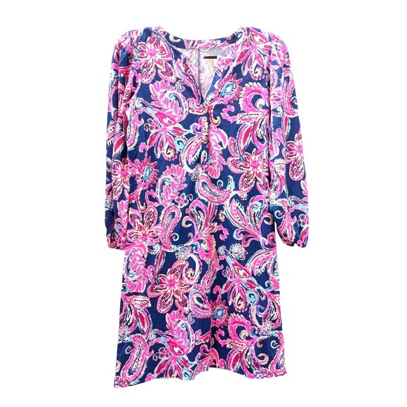 Lilly Pulitzer Emery Dress Medium Multi Pink Navy Flitting About Knit 3/4 Sleeve - Picture 2 of 9